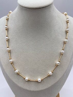 Rare 14K Yellow Gold 5mm Cultured Pearl By The Yard Station Necklace 18”L